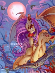 Size: 1620x2160 | Tagged: safe, artist:千雲九枭, fluttershy, bat, bat pony, pony, g4, apple, autumn, badass, bat ponified, bat wings, bedroom eyes, blood moon, branches, fangs, female, flutterbadass, flutterbat, food, hoof hold, leaves, moon, night, race swap, red eyes, sitting, smiling, solo, tree branch, wings