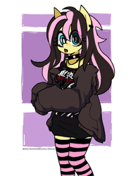 Size: 600x767 | Tagged: safe, artist:villanalirreal, fluttershy, pegasus, anthro, g4, clothes, cute, emoshy, eye clipping through hair, female, jacket, looking at you, mare, my chemical romance, oversized clothes, shyabetes, simple background, skirt, socks, solo, stockings, striped socks, thigh highs, white background