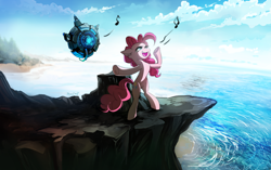 Size: 1500x939 | Tagged: safe, artist:skyeypony, pinkie pie, earth pony, pony, robot, g4, ark survival evolved, bipedal, crossover, hln-a, music notes, open mouth, open smile, singing, smiling, solo, underhoof