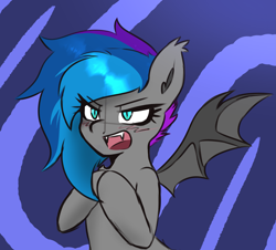 Size: 3317x2997 | Tagged: safe, artist:pure red, derpibooru exclusive, oc, oc only, oc:lyssa, bat pony, pony, abstract background, blushing, ear fluff, fangs, female, high res, mare, open mouth, solo, spread wings, wings