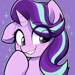 Size: 2048x2048 | Tagged: safe, artist:moozua, starlight glimmer, pony, unicorn, blushing, bust, commission, cute, eye clipping through hair, eyebrows, eyebrows visible through hair, female, glimmerbetes, grin, high res, hoof over mouth, mare, one ear down, purple background, simple background, smiling, solo, sparkly eyes, starry eyes, stars, wingding eyes