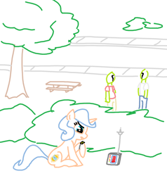 Size: 1156x1216 | Tagged: safe, artist:purblehoers, oc, oc:anon, pony, unicorn, bush, female, hiding, mare, ms paint, road, science fiction, sitting, table, tree