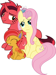 Size: 3289x4385 | Tagged: safe, artist:bnau, derpibooru exclusive, fluttershy, oc, oc:fluttered wing, oc:pure red, pegasus, pony, g4, canon x oc, chest fluff, facial markings, family photo, female, filly, foal, high res, looking at each other, looking at someone, male, mare, offspring, open mouth, parent:fluttershy, parent:oc:pure red, parents:canon x oc, shipping, simple background, sitting, smiling, stallion, transparent background, vector
