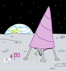 Size: 1104x1186 | Tagged: safe, artist:purblehoers, twilight sparkle, pony, unicorn, g4, big horn, earth, female, flag, horn, ladder, mare, moon, moon landing, ms paint, raised hoof, rocket, smiling, solo, space, spacesuit, unicorn twilight