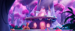 Size: 1920x804 | Tagged: safe, sunny starscout, earth pony, pony, g5, my little pony: a new generation, bridlewood, concept art, female, mare, open mouth, open smile, scenery, scenery porn, smiling, treehouse