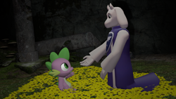 Size: 1920x1080 | Tagged: safe, artist:php170, spike, dragon, goat, anthro, g4, 3d, clothes, crossover, dark, female, flower, golden flowers, looking at each other, looking at someone, male, smiling, source filmmaker, toriel, undertale
