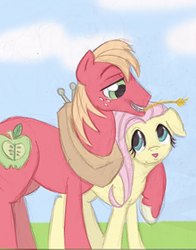 Size: 313x400 | Tagged: safe, artist:miiku-nya, edit, big macintosh, fluttershy, earth pony, pegasus, pony, g4, cropped, female, hoof on shoulder, looking at each other, looking at someone, male, mare, ship:fluttermac, shipping, smiling, smiling at each other, stallion, straight, straw in mouth