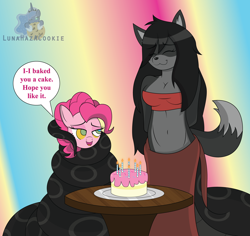 Size: 3600x3400 | Tagged: safe, artist:lunahazacookie, pinkie pie, earth pony, lamia, original species, pony, anthro, g4, abstract background, anthro with ponies, birthday cake, cake, candle, coils, eyes closed, food, furry, high res, hypno eyes, hypno pie, hypnosis, hypnotized, kaa eyes, talking