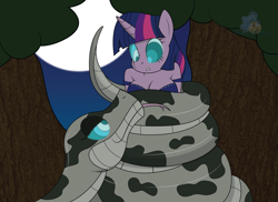 Size: 3095x2250 | Tagged: safe, artist:lunahazacookie, twilight sparkle, pony, snake, unicorn, anthro, g4, breasts, cleavage, coils, forest, full moon, high res, hypno eyes, hypnosis, hypnotized, kaa (2016), kaa eyes, moon, night, outdoors, unicorn twilight