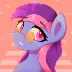 Size: 3000x3000 | Tagged: safe, artist:stravy_vox, oc, oc only, oc:midnight bloom, abstract background, bust, female, high res, mare, portrait, smiling, solo
