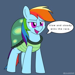 Size: 900x900 | Tagged: safe, artist:unitxxvii, rainbow dash, pegasus, pony, tortoise, g4, animal costume, clothes, costume, female, opposite day, out of character, solo, speech bubble, the tortoise and the hare, tortoise shell