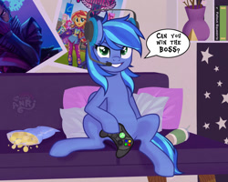 Size: 1280x1024 | Tagged: safe, artist:emperor-anri, oc, oc only, earth pony, pony, equestria girls, g4, chips, controller, couch, earth pony oc, food, grin, headset, hoof hold, lidded eyes, looking at you, poster, sitting, smiling, snacks, solo, speech bubble, talking, text, xbox