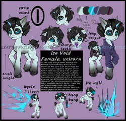 Size: 1490x1432 | Tagged: safe, artist:leastways, oc, oc only, oc:iso, pony, unicorn, black sclera, cutie mark, female, glowing, glowing horn, gun, handgun, horn, magic, pistol, reference sheet, signature, slender, solo, spell, thin, weapon