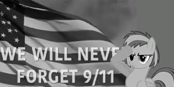 Size: 920x460 | Tagged: safe, artist:mlpfan3991, oc, oc:flare spark, pegasus, pony, g4, 9/11, american flag, black and white, caption, female, flag, grayscale, monochrome, salute, solo, text, united states