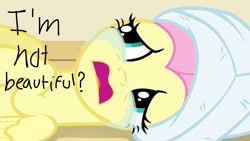 Size: 1334x750 | Tagged: safe, edit, edited screencap, screencap, fluttershy, pegasus, pony, filli vanilli, g4, crying, dialogue, female, lying down, mare, on back, open mouth, solo, towel on head