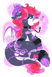 Size: 917x1338 | Tagged: safe, artist:焰心fireworks, oc, oc only, oc:夕霞•焰心, dracony, dragon, hybrid, pony, succubus, succubus pony, blushing, bondage, butt, chest fluff, collar, cute, cute little fangs, fangs, floating heart, heart, leash, lying down, on side, open mouth, open smile, pet play, plot, smiling, solo, succubus oc