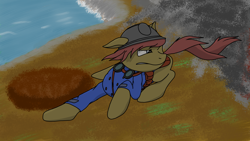Size: 3838x2160 | Tagged: safe, artist:aklesswift, oc, oc only, earth pony, pony, action pose, clothes, foxhole(game), goggles, helmet, high res, military, military uniform, running, smoke, solo, uniform, war, water