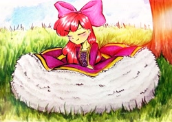 Size: 3779x2695 | Tagged: safe, artist:liaaqila, apple bloom, human, equestria girls, g4, :t, blushing, clothes, dress, eyes closed, gown, hat, hennin, high res, petticoat, poofy dress, princess apple bloom, solo, traditional art, tree