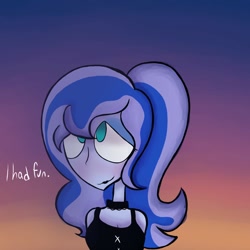 Size: 1600x1600 | Tagged: safe, artist:alandisc, princess luna, human, equestria girls, g4, after date, alternate hairstyle, blushing, breasts, bust, eyelashes, gradient background, makeup, offscreen character, ponytail, pov, solo, sunset, text