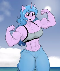 Size: 1892x2243 | Tagged: safe, artist:matchstickman, izzy moonbow, unicorn, anthro, g5, abs, armpits, biceps, breasts, busty izzy moonbow, clothes, deltoids, denim, female, flexing, izzy moonbuff, jeans, looking at you, muscles, muscular female, pants, pecs, solo, thighs, thunder thighs