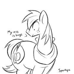 Size: 1000x1000 | Tagged: safe, artist:sparkyz, big macintosh, earth pony, pony, g4, big backintosh, black and white, butt, grayscale, large butt, male, monochrome, plot, signature, simple background, solo, text, white background