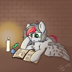 Size: 1280x1280 | Tagged: safe, artist:foxx_grey_art, oc, oc only, pegasus, pony, art trade, book, candle, inkwell, quill, reading, solo
