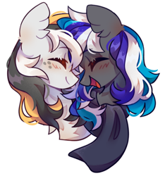 Size: 1738x1860 | Tagged: safe, artist:dedfriend, oc, oc only, oc:flaming dune, oc:storm cloud river's, pegasus, pony, blushing, bust, chest fluff, clothes, cute, duo, duo female, ear fluff, eyes closed, female, freckles, happy, looking at each other, looking at someone, love, mare, multicolored mane, oc x oc, open mouth, open smile, pegasus oc, portrait, scarf, shipping, simple background, smiling, smiling at each other, white background