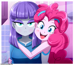 Size: 1754x1546 | Tagged: safe, artist:the-butch-x, maud pie, pinkie pie, human, equestria girls, g4, my little pony equestria girls: better together, blushing, border, breasts, busty maud pie, cute, diapinkes, duo, duo female, female, indoors, kitchen, looking at you, open mouth, open smile, passepartout, pie sisters, siblings, signature, sisters, smiling, tongue out, topwear, watermark
