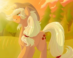 Size: 2000x1600 | Tagged: safe, artist:phoenixfox96, applejack, earth pony, pony, g4, ear fluff, female, grin, looking up, mare, smiling, solo, sunlight, sunset