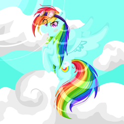 Size: 2022x2022 | Tagged: safe, artist:lindasaurie, rainbow dash, pegasus, pony, g4, day, eye clipping through hair, female, flying, goggles, high res, lineless, mare, open mouth, open smile, redesign, sky, smiling, solo, spread wings, wings