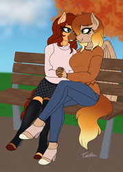 Size: 3000x4200 | Tagged: safe, artist:terton, oc, oc only, oc:firelight, oc:honeypot meadow, earth pony, pegasus, anthro, unguligrade anthro, anthro oc, autumn, bench, blaze (coat marking), clothes, coat markings, commission, couple, digital art, duo, earth pony oc, eyes closed, facial markings, female, freckles, gradient mane, happy, high heels, holding hands, hoof shoes, jewelry, lesbian, looking at each other, looking at someone, mare, married, married couple, oc x oc, pants, pegasus oc, ring, shipping, shoes, smiling, sweater, tree, wedding ring