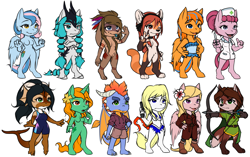 Size: 3277x2057 | Tagged: safe, artist:mykegreywolf, oc, oc only, oc:bubbly joy, oc:cold front, earth pony, pegasus, unicorn, anthro, arrow, bow (weapon), bow and arrow, breasts, chibi, earth pony oc, furry, furry oc, gun, handgun, high res, horn, pegasus oc, pistol, pubic fluff, simple background, syringe, tongue out, unicorn oc, weapon, white background