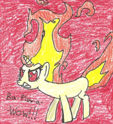 Size: 319x349 | Tagged: safe, artist:vadkram20xd6, edit, twilight sparkle, pony, unicorn, g4, angry, cropped, female, fire, gritted teeth, horn, mane of fire, mare, pencil drawing, rapidash twilight, red background, red eyes, simple background, teeth, text, traditional art, unicorn twilight