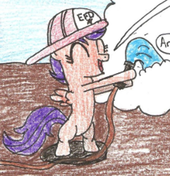 Size: 274x284 | Tagged: safe, artist:vadkram20xd6, edit, scootaloo, pegasus, pony, g4, bipedal, cropped, dialogue, eyes closed, female, filly, firefighter, firefighter helmet, firefighter scootaloo, firefighting, foal, helmet, hose, pencil drawing, smiling, speech bubble, spread wings, text, traditional art, water, wings