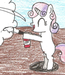 Size: 264x304 | Tagged: safe, artist:vadkram20xd6, edit, sweetie belle, pony, unicorn, g4, bipedal, cropped, eyes closed, female, filly, fire extinguisher, firefighter, firefighting, foal, horn, pencil drawing, smiling, traditional art