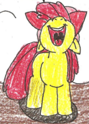 Size: 196x273 | Tagged: safe, artist:vadkram20xd6, edit, apple bloom, earth pony, pony, g4, apple bloom's bow, bow, cropped, female, filly, firefighter, firefighter helmet, foal, hair bow, helmet, open mouth, pencil drawing, smiling, traditional art, uvula, volumetric mouth