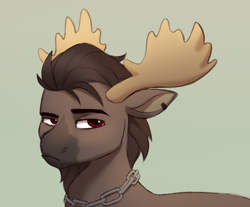 Size: 2416x2000 | Tagged: safe, artist:luminousdazzle, oc, oc only, oc:maroon, moose, antlers, beard, chains, colored sketch, doodle, ear piercing, facial hair, frown, grumpy, high res, male, moose oc, piercing, simple background, solo