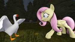 Size: 1920x1080 | Tagged: safe, artist:derpy_fan, fluttershy, bird, goose, pegasus, pony, g4, 3d, ambiguous gender, crossover, female, mare, scared, source filmmaker, this will end in the stare, untitled goose game