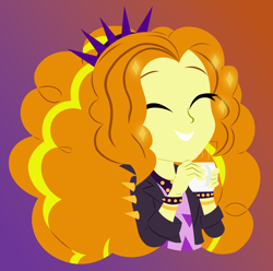 Size: 4496x4466 | Tagged: safe, artist:egor418, adagio dazzle, human, equestria girls, equestria girls series, g4, sunset's backstage pass!, spoiler:eqg series (season 2), absurd resolution, adoragio, clothes, cute, eyebrows, eyes closed, female, food, gradient background, grin, happy, lineless, minimalist, music festival outfit, simple background, smiling, solo, tea, when she smiles