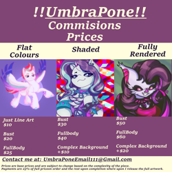 Size: 3000x3000 | Tagged: safe, artist:umbrapone, rarity, zipp storm, oc, oc:night shine, bat pony, pegasus, pony, unicorn, g5, abstract background, advertisement, bat ears, bat wings, bust, commission info, glowing, glowing eyes, high res, horn, piercing, text, wings
