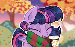 Size: 1899x1192 | Tagged: safe, artist:twilightbaby2020, twilight sparkle, alicorn, pony, g4, autumn, clothes, coffee cup, cup, cute, eyes closed, female, mare, open mouth, open smile, scarf, smiling, solo, striped scarf, twiabetes, twilight sparkle (alicorn)