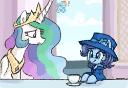 Size: 367x254 | Tagged: safe, artist:plunger, princess celestia, rainbow dash, alicorn, earth pony, pegasus, pony, g4, animated, bow, clothes, clothes swap, cloud, concerned, cup, death of queen elizabeth ii, drawthread, exclamation point, female, flower, flying, food, gif, hat, jewelry, mare, queen elizabeth ii, regalia, rgb, sky, tea, teacup, the queen of england always dresses in style, window