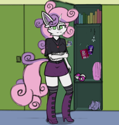 Size: 4084x4265 | Tagged: safe, artist:toxinagraphica, opalescence, rarity, sweetie belle, cat, unicorn, anthro, unguligrade anthro, g4, :3, absurd resolution, backpack, bell, book, boots, breasts, canterlot high, cheek fluff, clothes, colored sketch, dishevelled, ear fluff, female, fluffy, grid, headphones, heart, jewelry, lockers, looking at you, mare, necklace, poncho, pullover, school, shoes, sketch, skirt, smiling, socks, solo, stockings, thigh highs, underboob