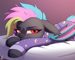 Size: 2000x1600 | Tagged: safe, artist:luminousdazzle, oc, oc only, oc:black opal, bat pony, pony, bat pony oc, bed, clothes, colored sketch, ear fluff, fangs, female, frown, grumpy, mare, pajamas, simple background, sleepy, slit pupils, solo