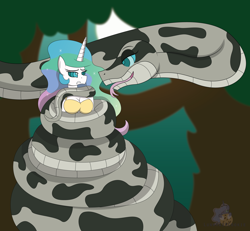 Size: 4550x4200 | Tagged: safe, artist:lunahazacookie, princess celestia, alicorn, pony, snake, anthro, g4, breasts, coils, female, forest, hypno eyes, hypnosis, hypnotized, kaa (2016), kaa eyes, looking at each other, looking at someone, outdoors, wrapping