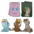 Size: 800x800 | Tagged: safe, artist:molars, pinkie pie, rainbow dash, oc, oc:calamity, oc:littlepip, pegasus, pony, unicorn, fallout equestria, g4, calamity, chibi, commission, glowing, glowing horn, horn, ministry of morale, pinkie pie is watching you, pipbuck, plushie, poster, simple background, transparent background