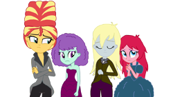 Size: 2000x1125 | Tagged: safe, artist:bigpurplemuppet99, blueberry pie, derpy hooves, raspberry fluff, sunset shimmer, human, equestria girls, g4, alternate hairstyle, beehive hairdo, simple background, the muffins, transparent background, updo