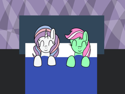 Size: 1600x1200 | Tagged: safe, artist:platinumdrop, minty (g4), potion nova, earth pony, pony, unicorn, g4, g4.5, my little pony: pony life, ^^, duo, eyes closed, female, mare, request, sleeping, sleepover