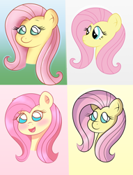 Size: 2550x3339 | Tagged: safe, artist:sparkfler85, derpibooru exclusive, fluttershy, pegasus, pony, g4, blushing, bust, collage, female, gradient background, high res, portrait