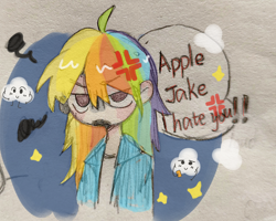 Size: 1944x1553 | Tagged: safe, artist:meng5963, rainbow dash, human, g4, angry, cross-popping veins, emanata, humanized, misspelling, out of character, solo, speech bubble, text, traditional art